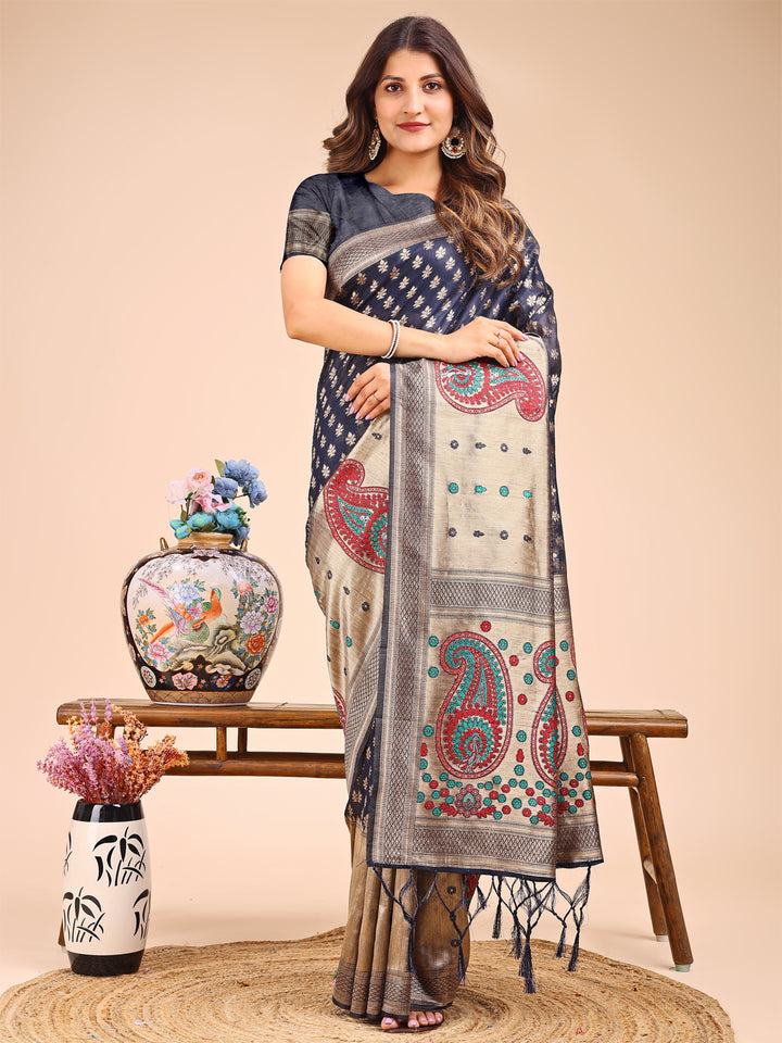 Navy Blue Colour Linen Cotton Printed Work Saree With Blouse Piece