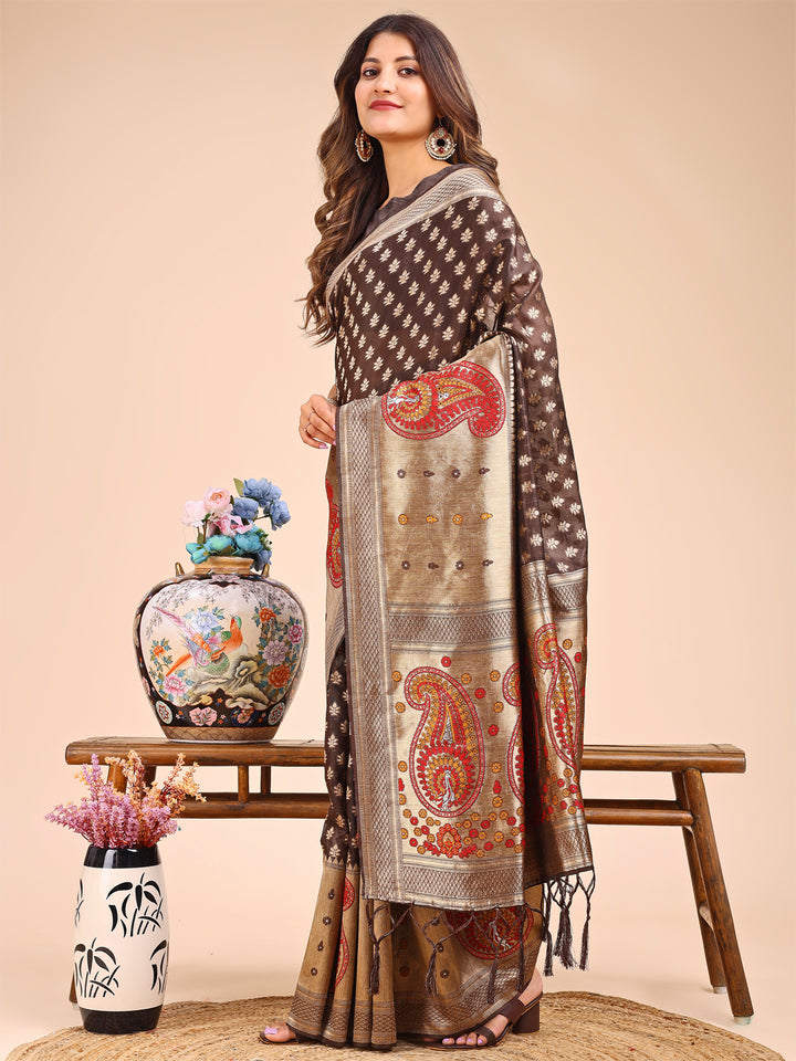 Brown Colour Linen Cotton Printed Work Saree With Blouse Piece