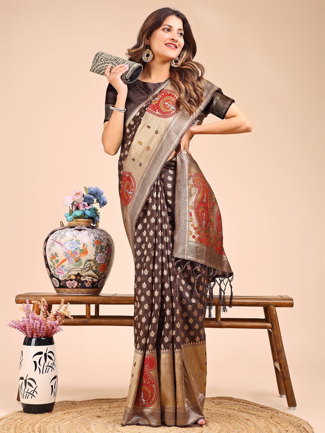 Brown Colour Linen Cotton Printed Work Saree With Blouse Piece