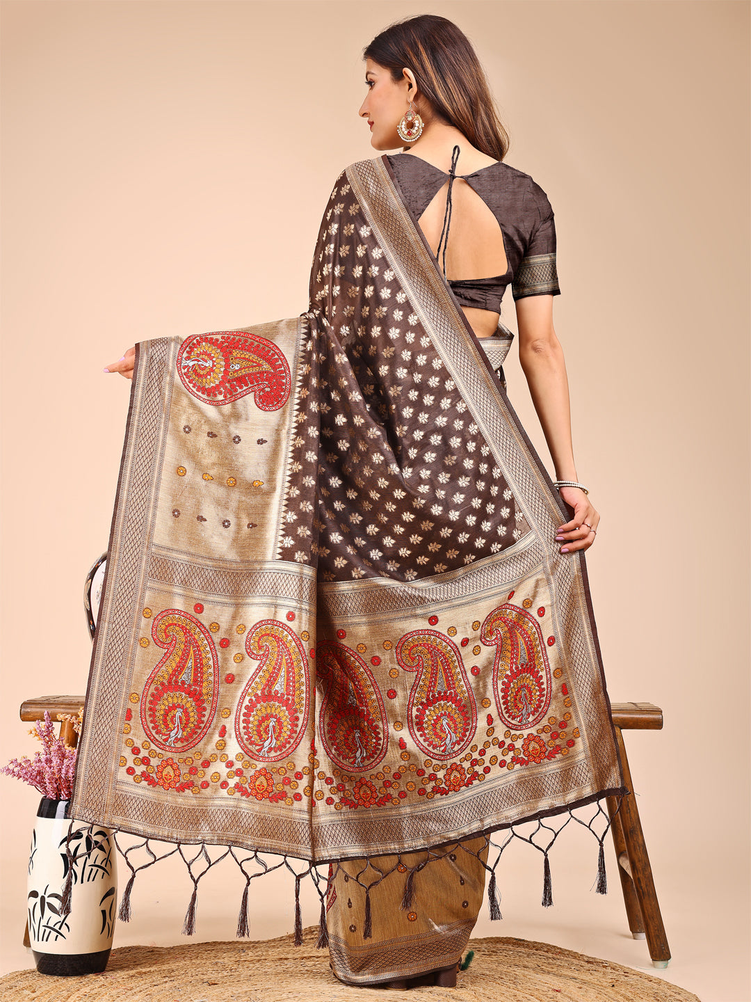 Brown Colour Linen Cotton Printed Work Saree With Blouse Piece