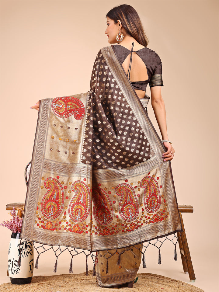 Brown Colour Linen Cotton Printed Work Saree With Blouse Piece