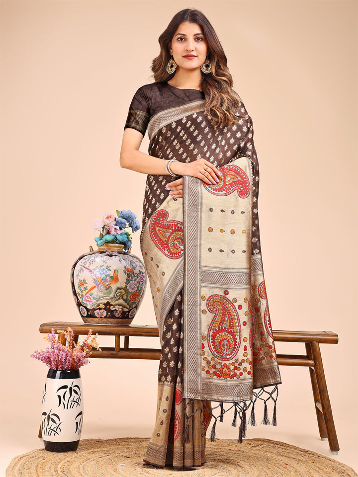 Brown Colour Linen Cotton Printed Work Saree With Blouse Piece