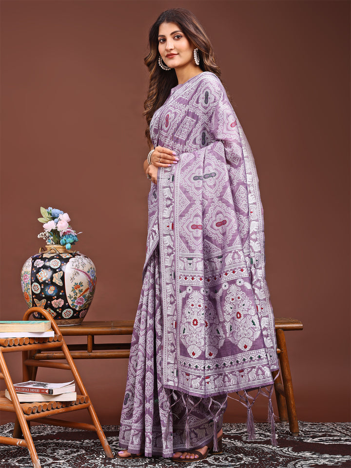 Purple Colour Linen Cotton Printed Work Saree With Blouse Piece
