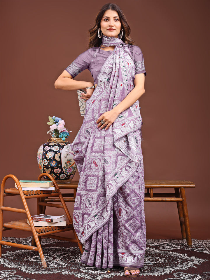 Purple Colour Linen Cotton Printed Work Saree With Blouse Piece