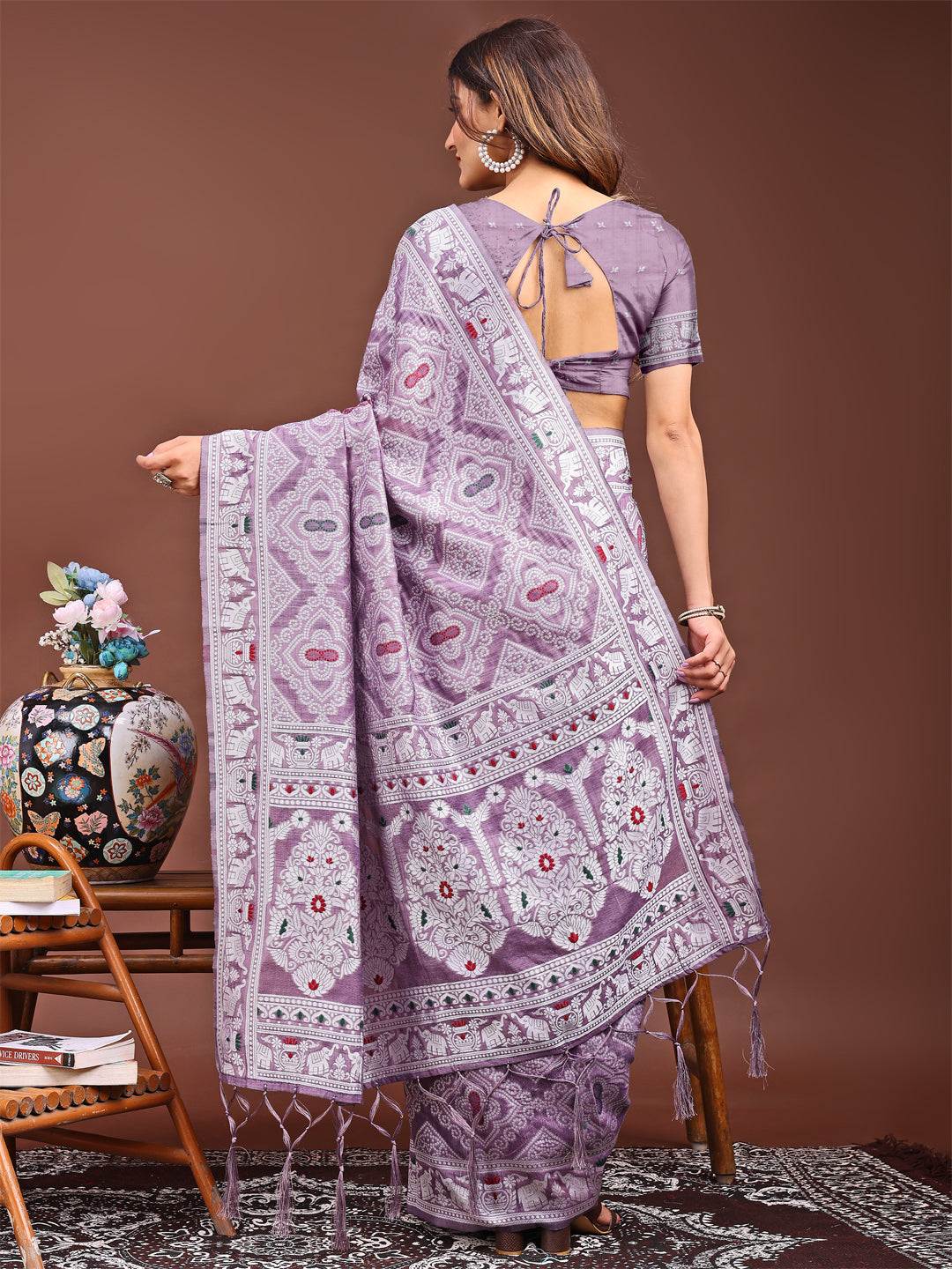 Purple Colour Linen Cotton Printed Work Saree With Blouse Piece