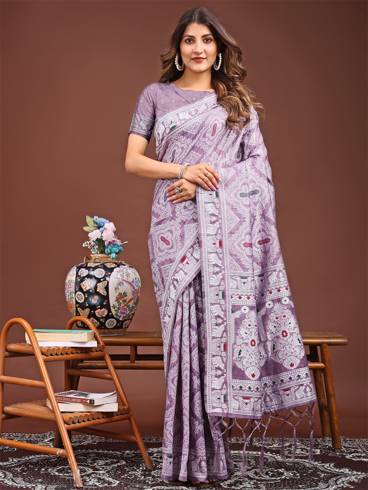 Purple Colour Linen Cotton Printed Work Saree With Blouse Piece