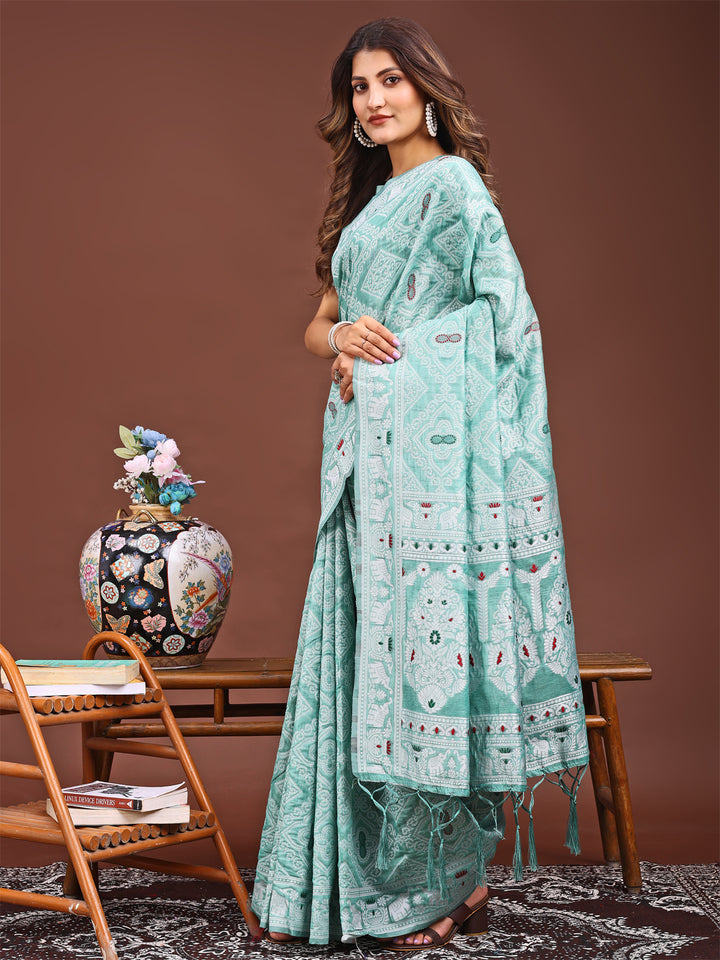 Sea Green Colour Linen Cotton Printed Work Saree With Blouse Piece