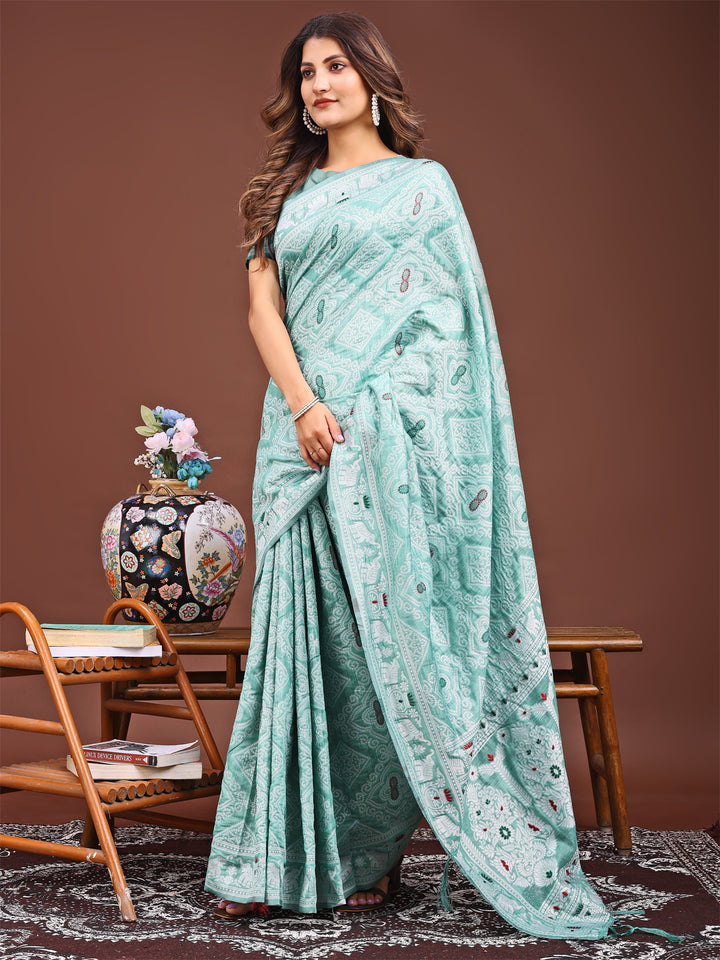 Sea Green Colour Linen Cotton Printed Work Saree With Blouse Piece