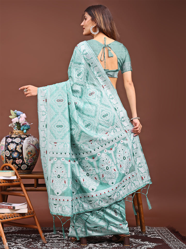 Sea Green Colour Linen Cotton Printed Work Saree With Blouse Piece