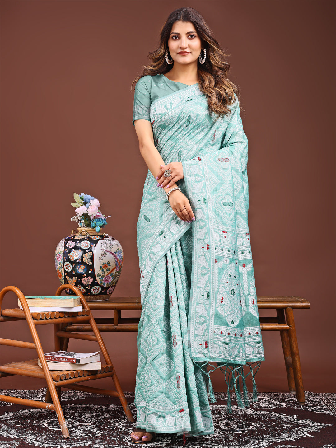 Sea Green Colour Linen Cotton Printed Work Saree With Blouse Piece