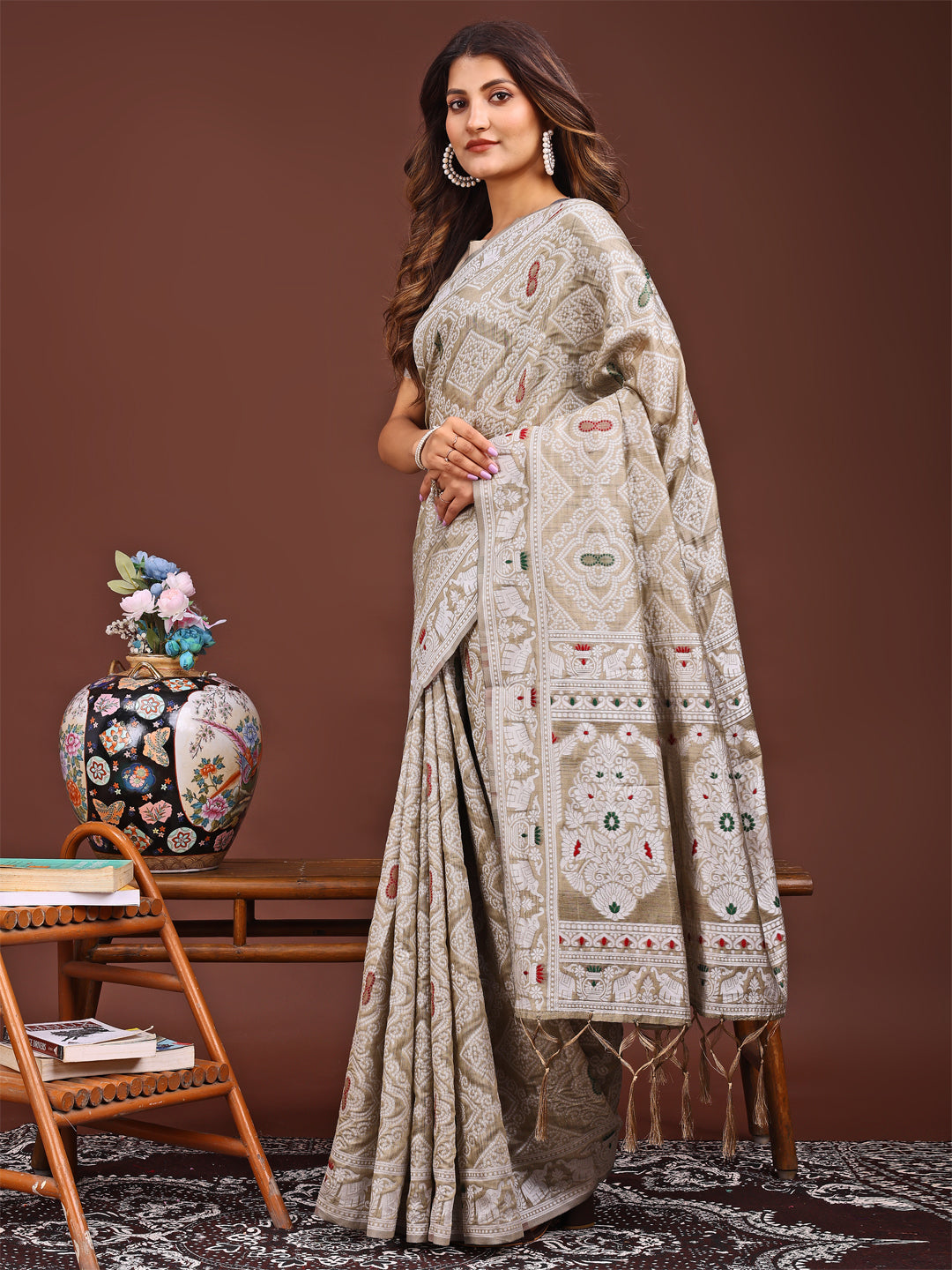 Brown Colour Linen Cotton Printed Work Saree With Blouse Piece