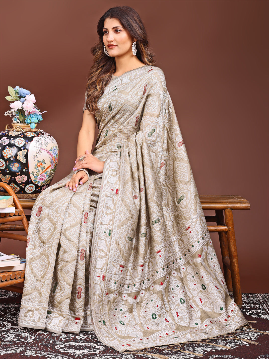 Brown Colour Linen Cotton Printed Work Saree With Blouse Piece