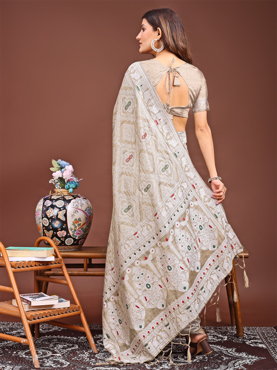 Brown Colour Linen Cotton Printed Work Saree With Blouse Piece