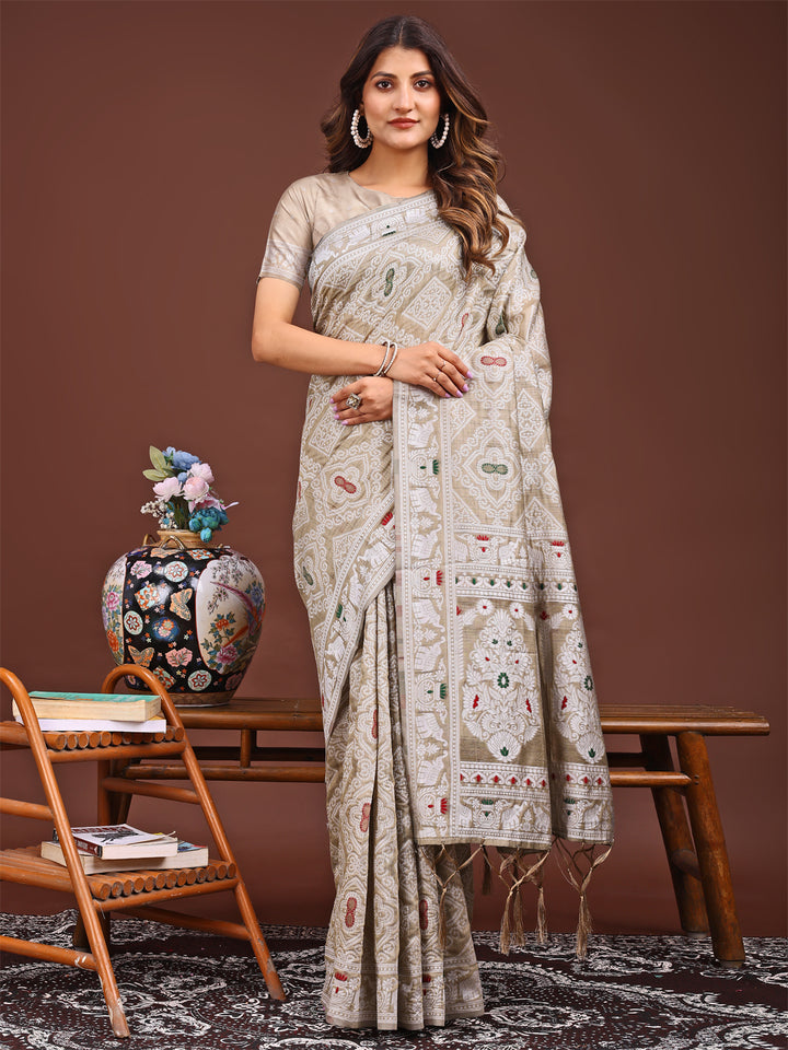 Brown Colour Linen Cotton Printed Work Saree With Blouse Piece