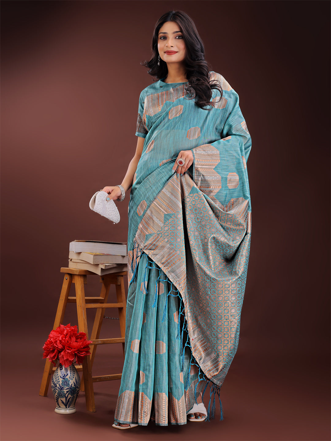 Sky Blue Colour Linen Cotton Saree Printed Work With Blouse Piece