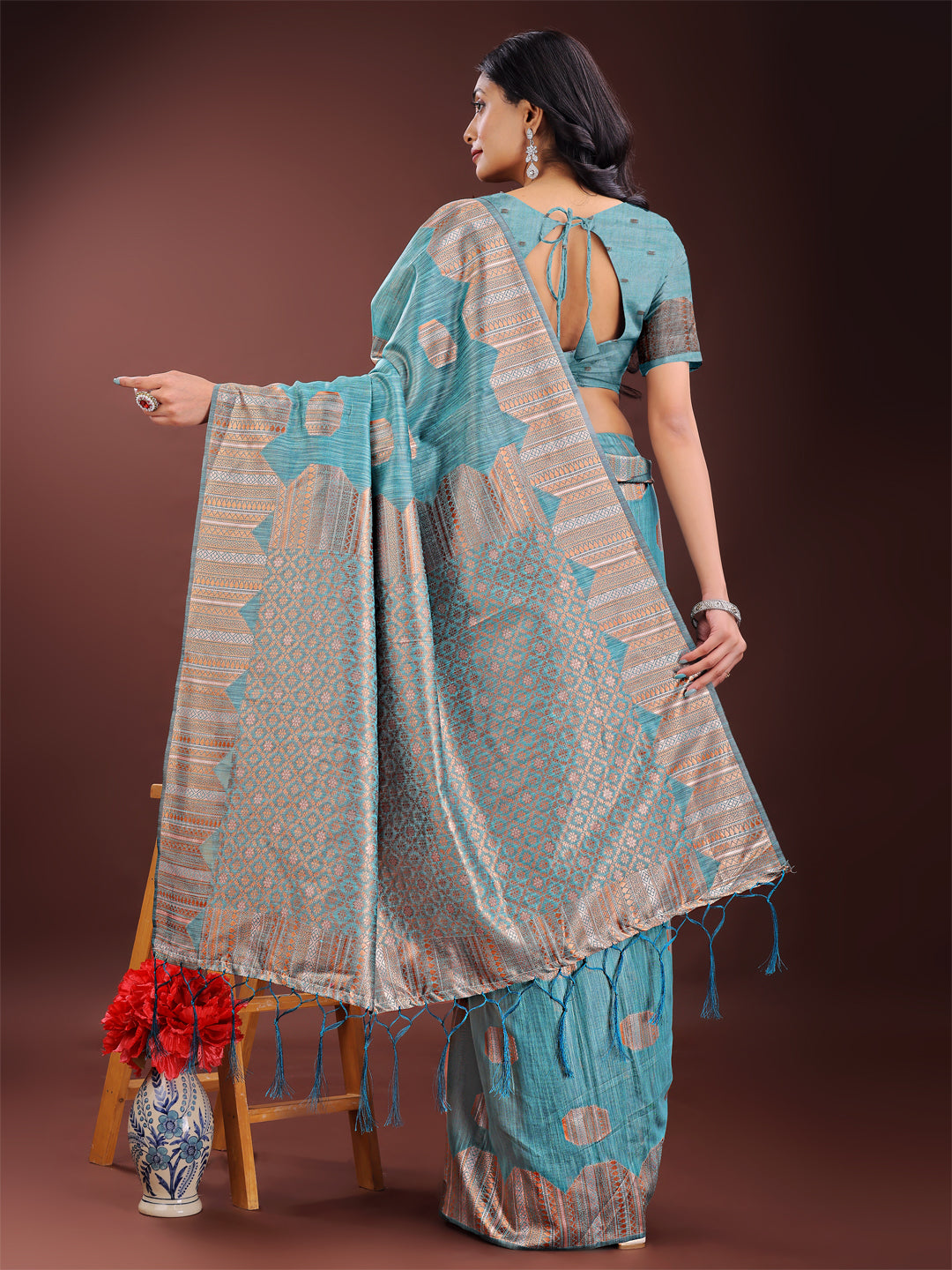 Sky Blue Colour Linen Cotton Saree Printed Work With Blouse Piece