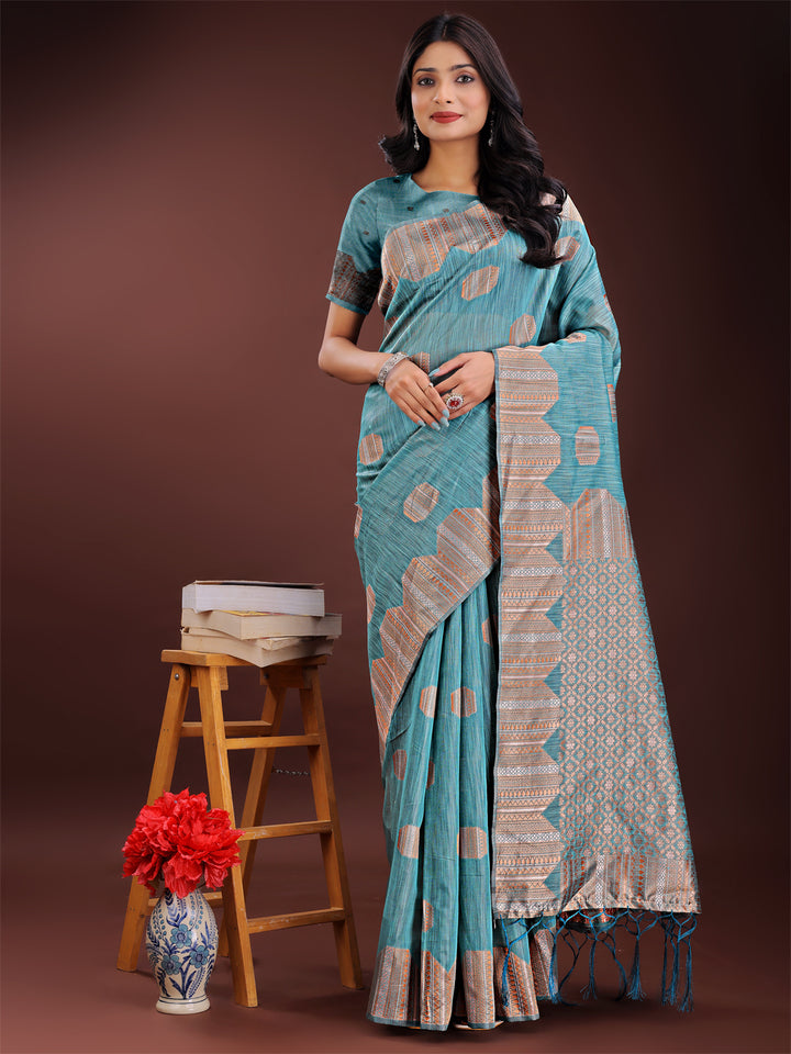 Sky Blue Colour Linen Cotton Saree Printed Work With Blouse Piece