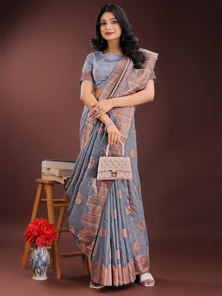 Gray Colour Linen Cotton Saree Printed Work With Blouse Piece