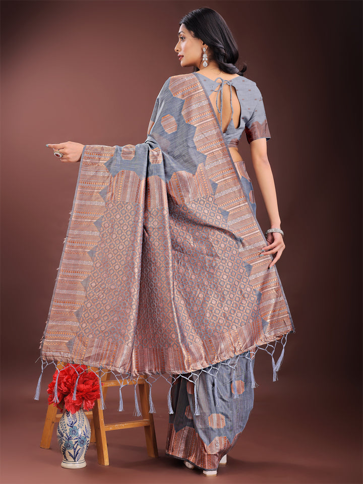 Gray Colour Linen Cotton Saree Printed Work With Blouse Piece