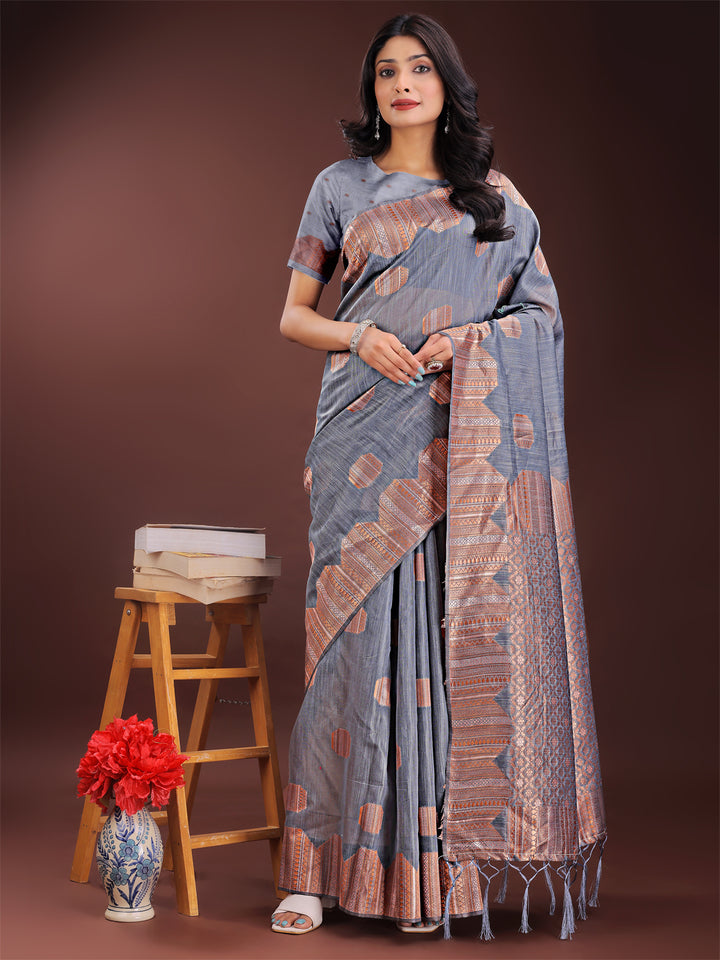Gray Colour Linen Cotton Saree Printed Work With Blouse Piece