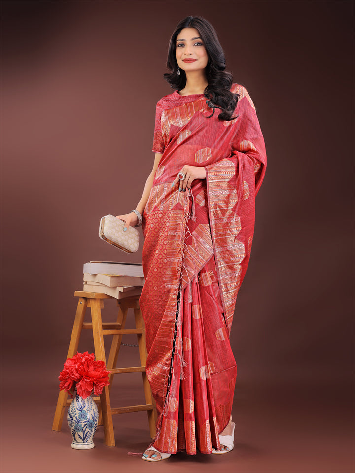 Red Colour Linen Cotton Saree Printed Work With Blouse Piece
