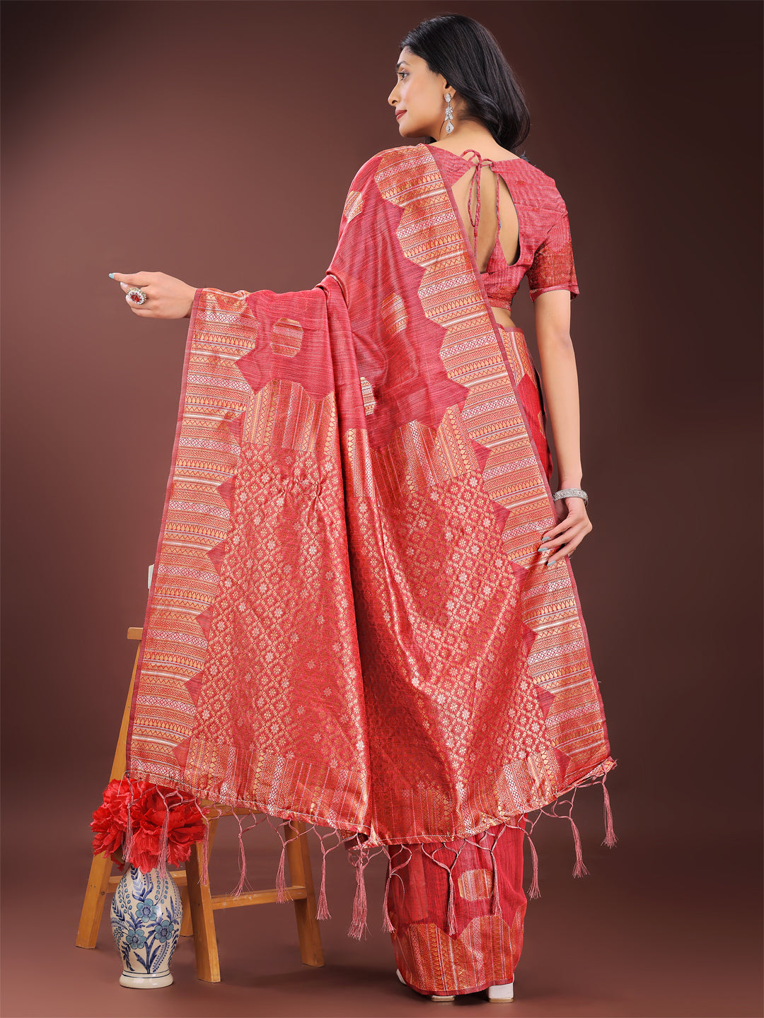 Red Colour Linen Cotton Saree Printed Work With Blouse Piece
