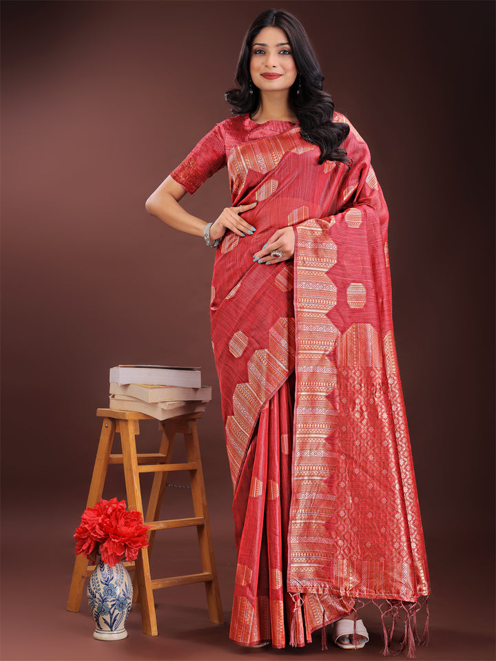 Red Colour Linen Cotton Saree Printed Work With Blouse Piece