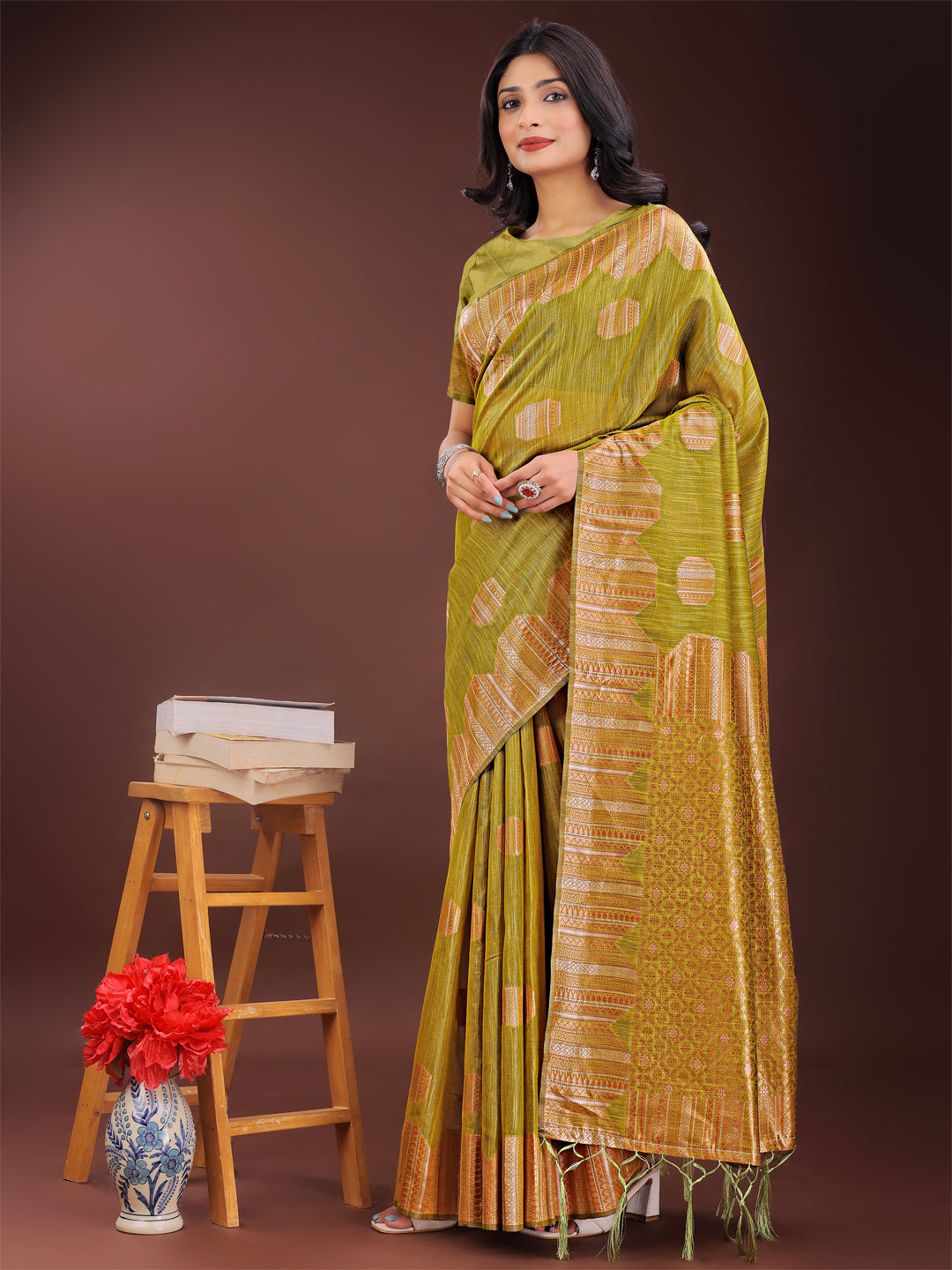 Mustard Colour Linen Cotton Saree Printed Work With Blouse Piece