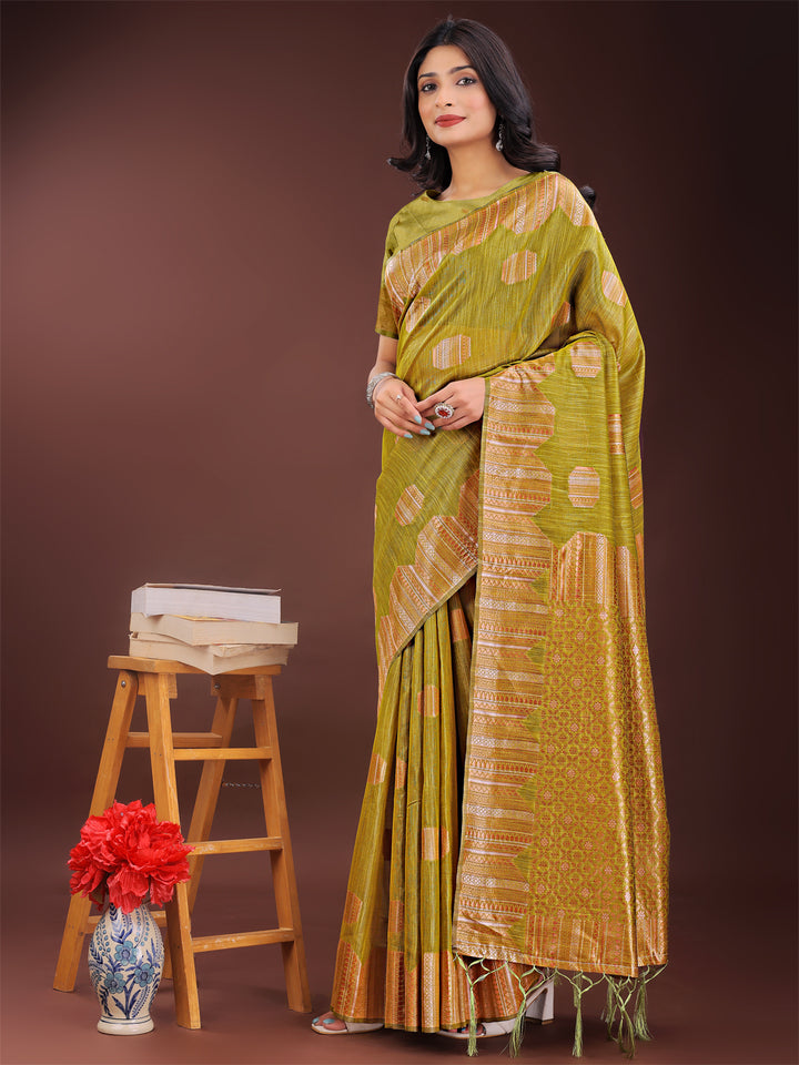 Mustard Colour Linen Cotton Saree Printed Work With Blouse Piece