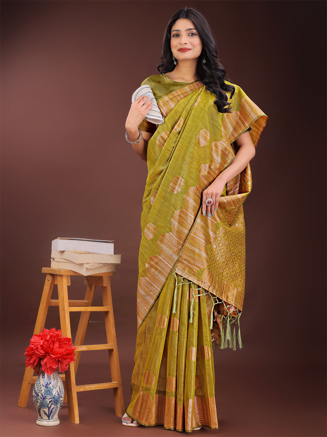 Mustard Colour Linen Cotton Saree Printed Work With Blouse Piece