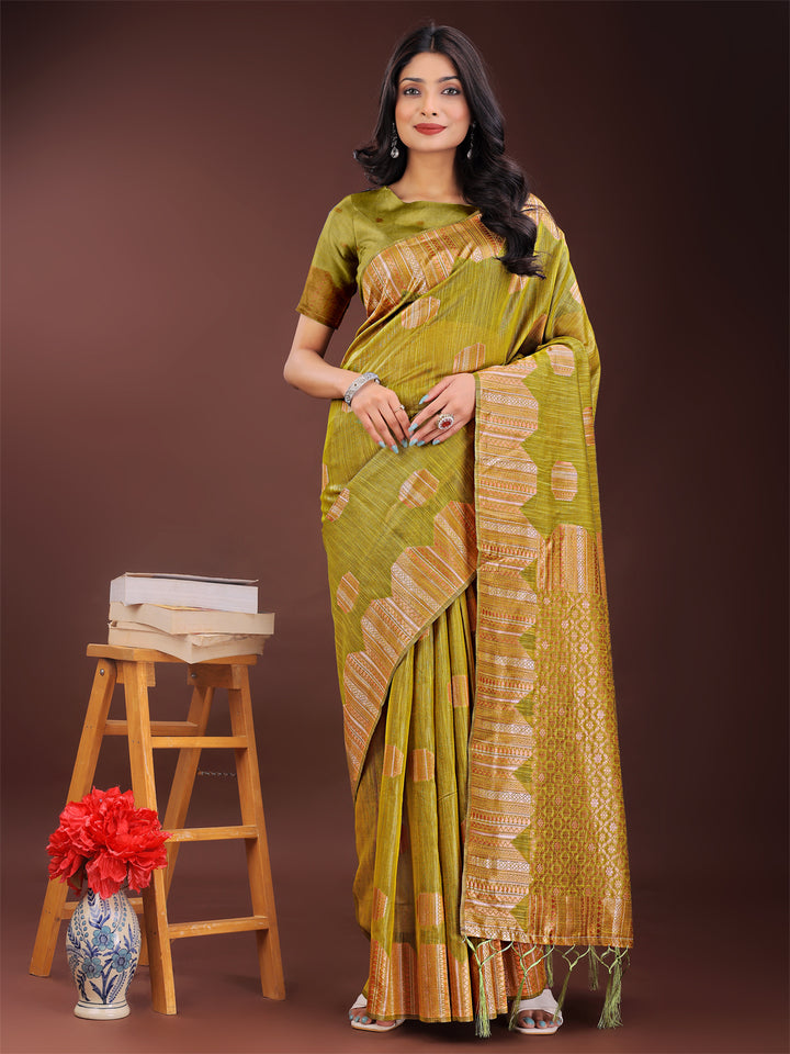 Mustard Colour Linen Cotton Saree Printed Work With Blouse Piece