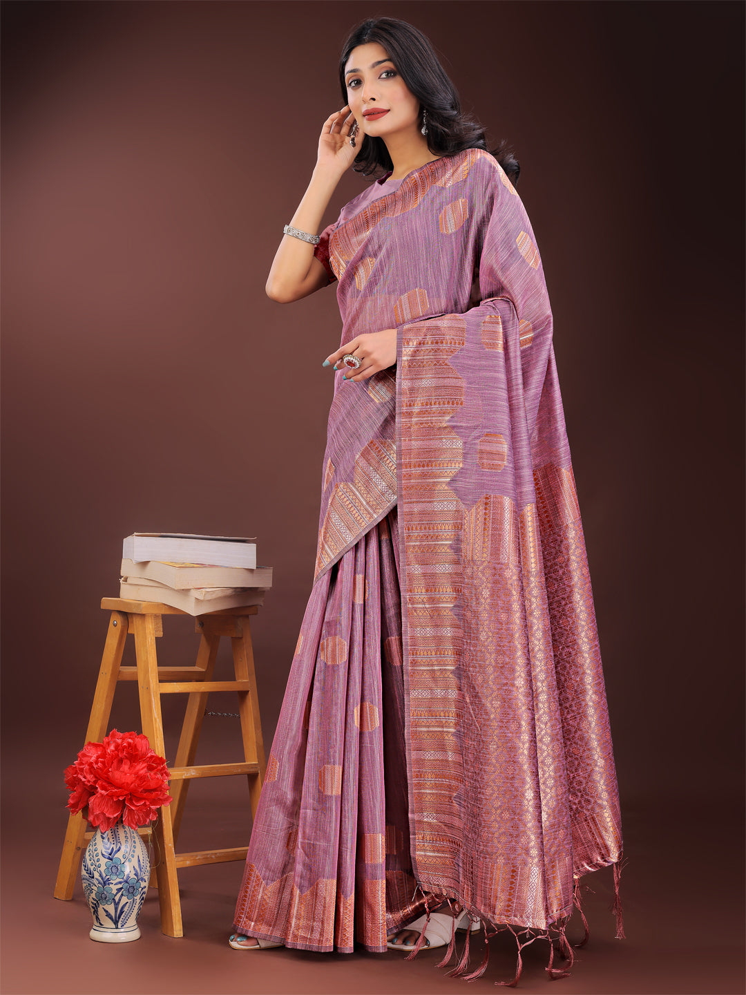 Purple Colour Linen Cotton Saree Printed Work With Blouse Piece