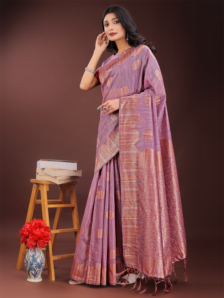 Purple Colour Linen Cotton Saree Printed Work With Blouse Piece