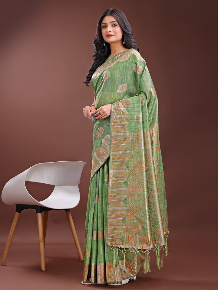 Light Green Colour Linen Cotton Saree Printed Work With Blouse Piece