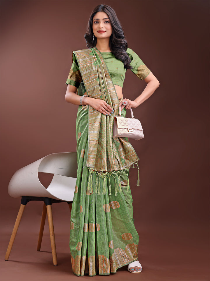 Light Green Colour Linen Cotton Saree Printed Work With Blouse Piece
