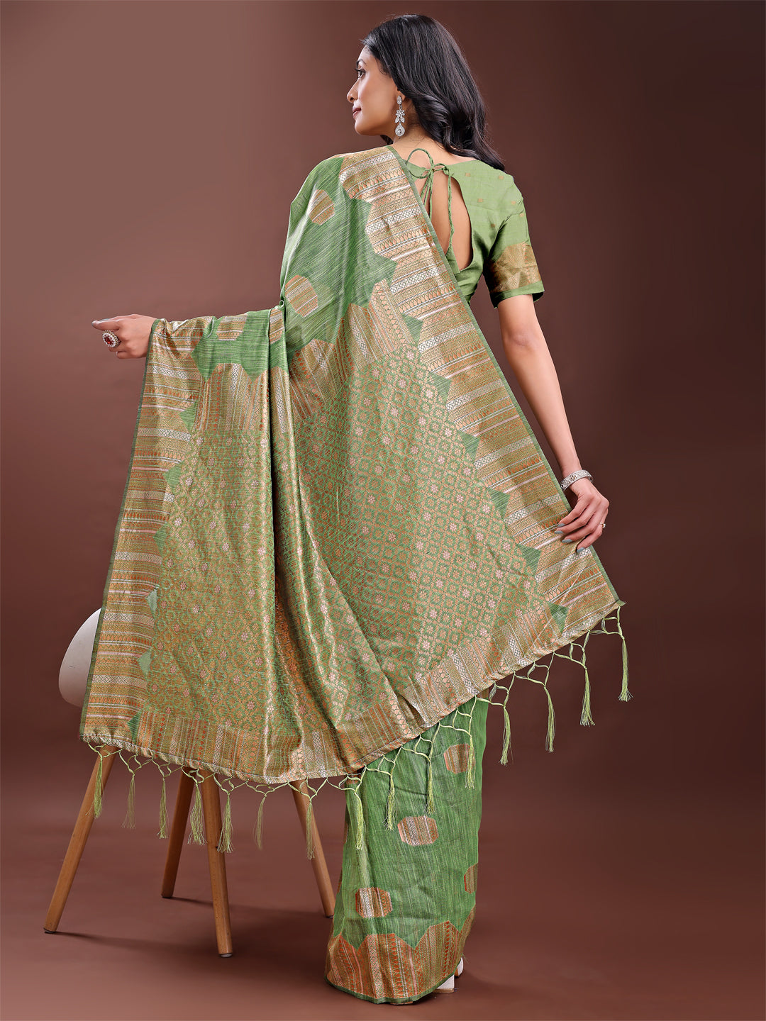 Light Green Colour Linen Cotton Saree Printed Work With Blouse Piece