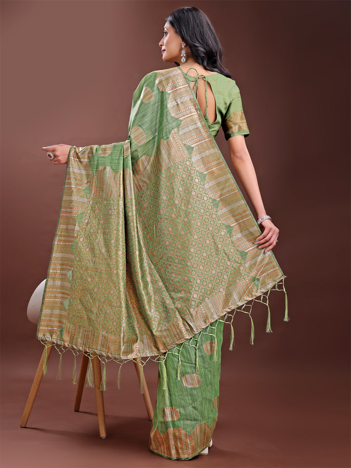 Light Green Colour Linen Cotton Saree Printed Work With Blouse Piece