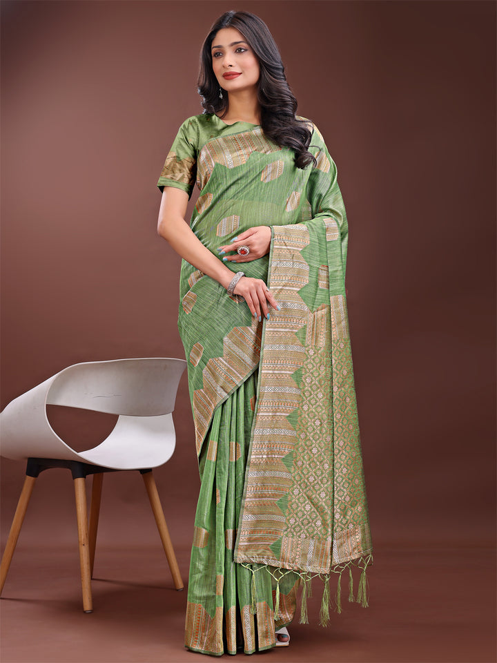 Light Green Colour Linen Cotton Saree Printed Work With Blouse Piece