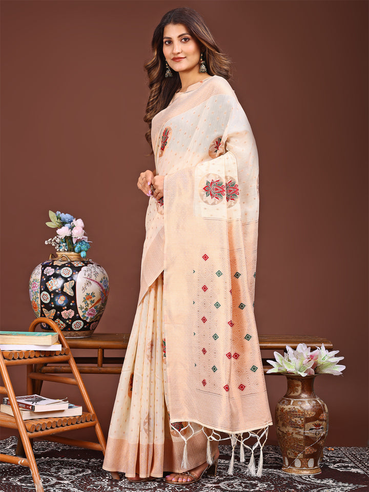 Cream Colour Linen Cotton Printed Work Saree With Blouse Piece