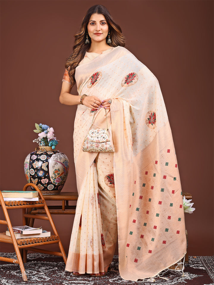 Cream Colour Linen Cotton Printed Work Saree With Blouse Piece