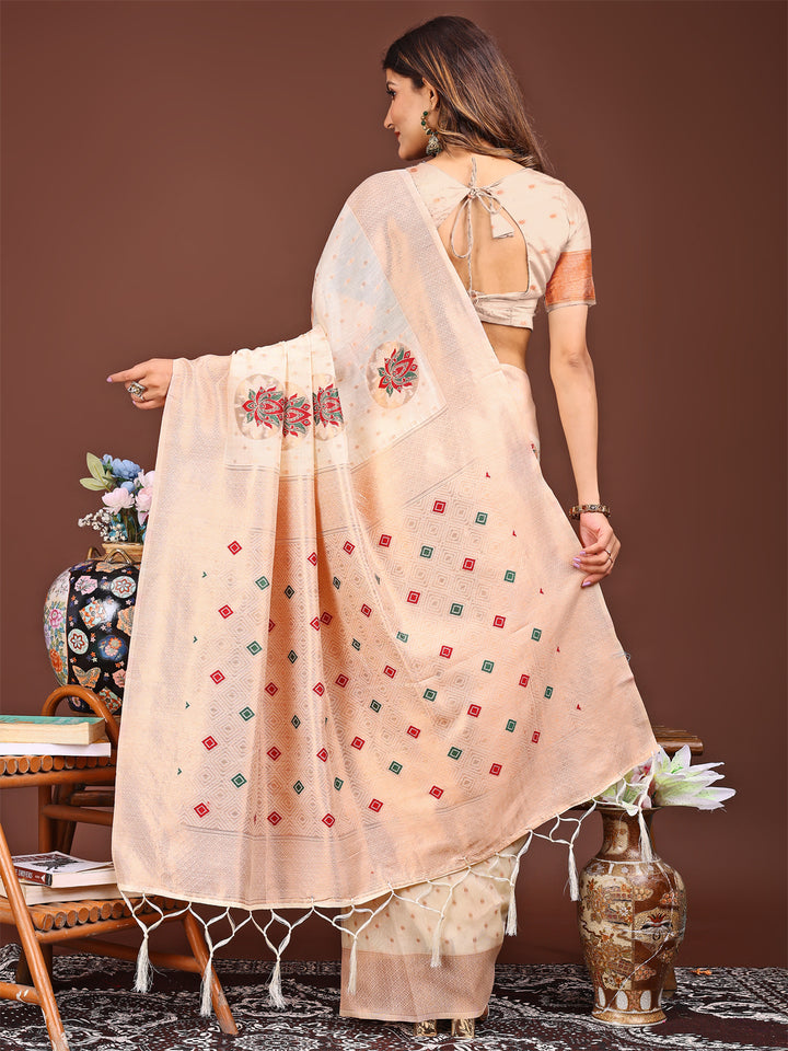 Cream Colour Linen Cotton Printed Work Saree With Blouse Piece