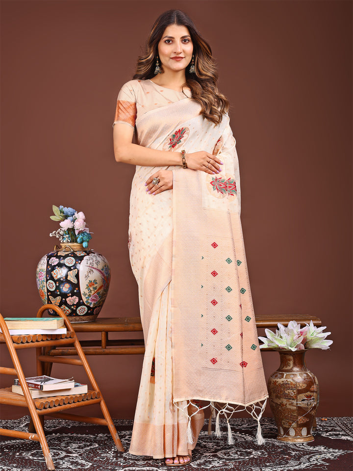 Cream Colour Linen Cotton Printed Work Saree With Blouse Piece