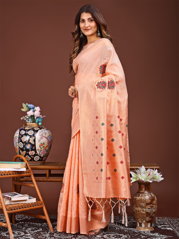 Peach Colour Linen Cotton Printed Work Saree With Blouse Piece