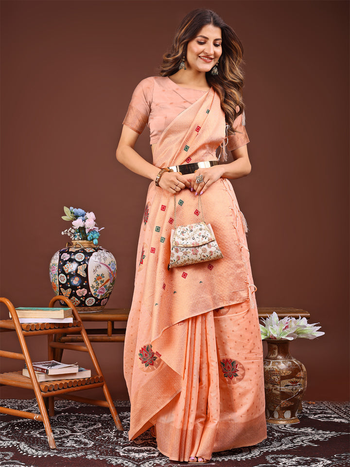 Peach Colour Linen Cotton Printed Work Saree With Blouse Piece