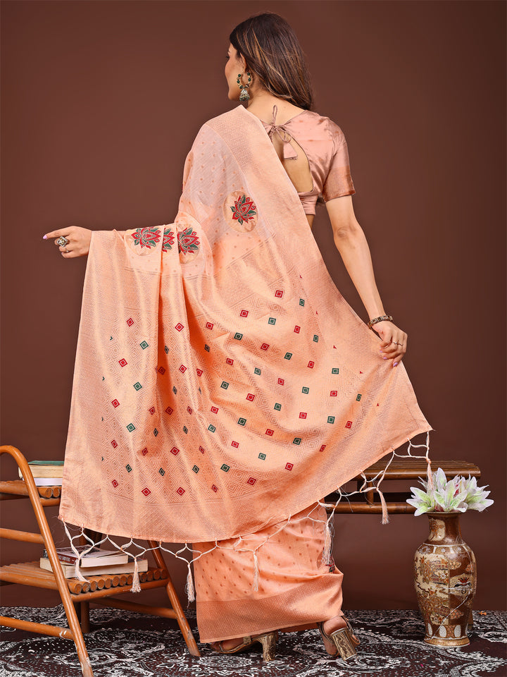 Peach Colour Linen Cotton Printed Work Saree With Blouse Piece