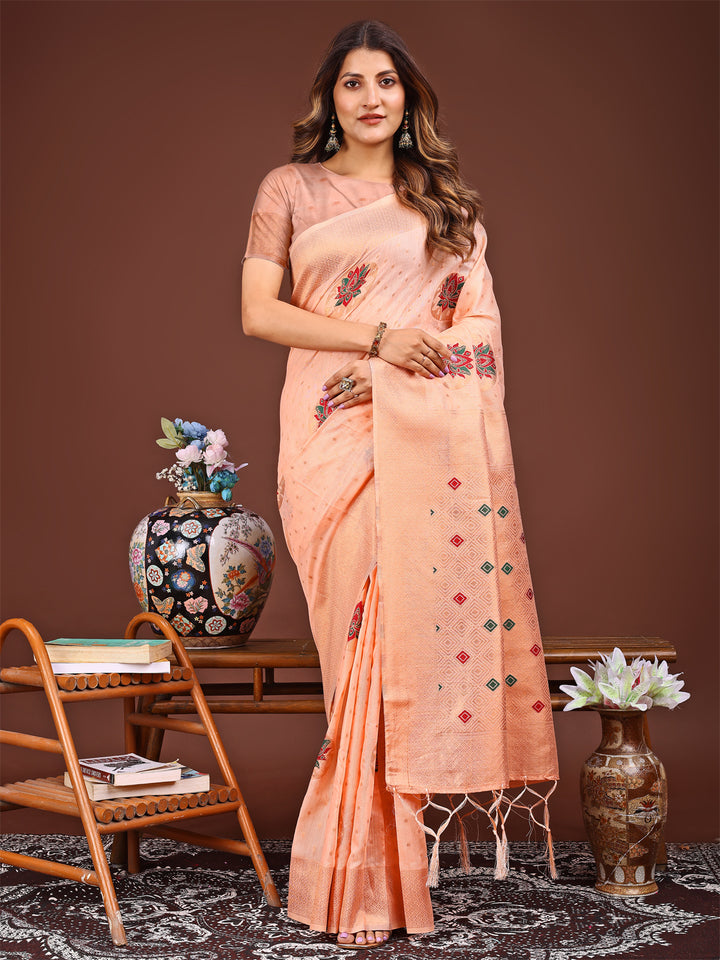 Peach Colour Linen Cotton Printed Work Saree With Blouse Piece