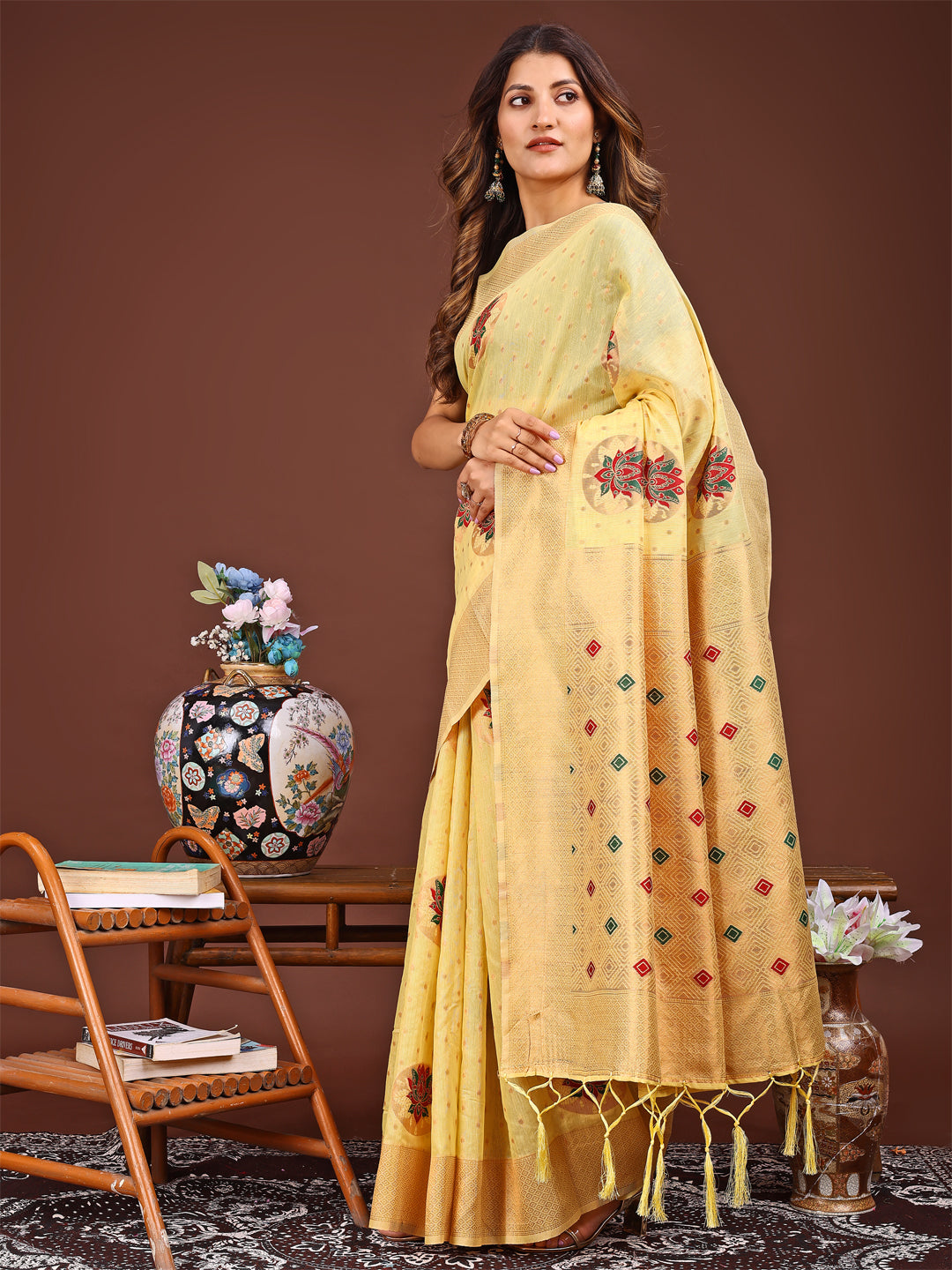 Yellow Colour Linen Cotton Printed Work Saree With Blouse Piece