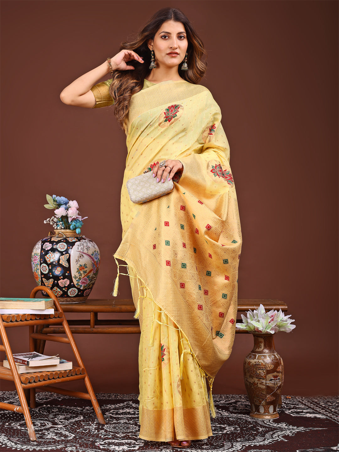 Yellow Colour Linen Cotton Printed Work Saree With Blouse Piece