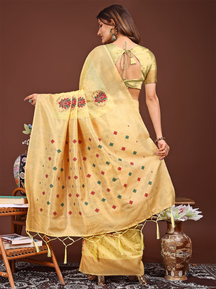 Yellow Colour Linen Cotton Printed Work Saree With Blouse Piece