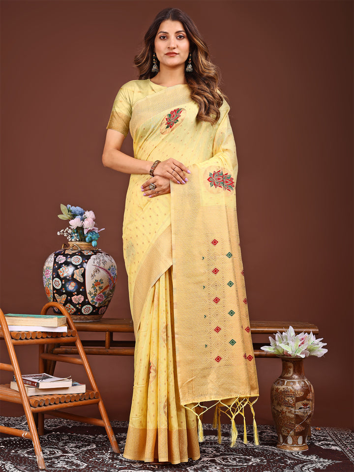 Yellow Colour Linen Cotton Printed Work Saree With Blouse Piece